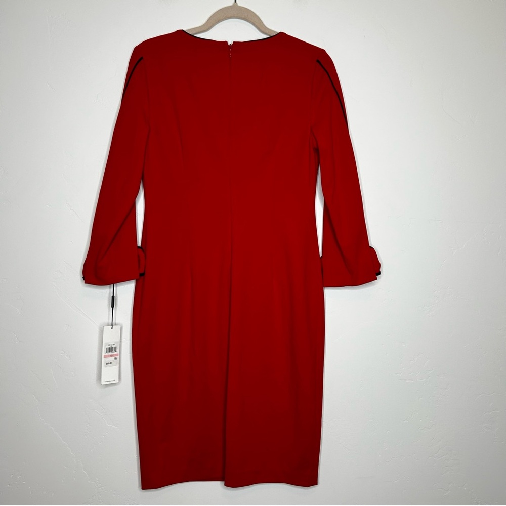 NWT Calvin Klein Red 3/4 Sleeve Sheath Midi Dress Bow Details Size 10 Holiday - Picture 2 of 14